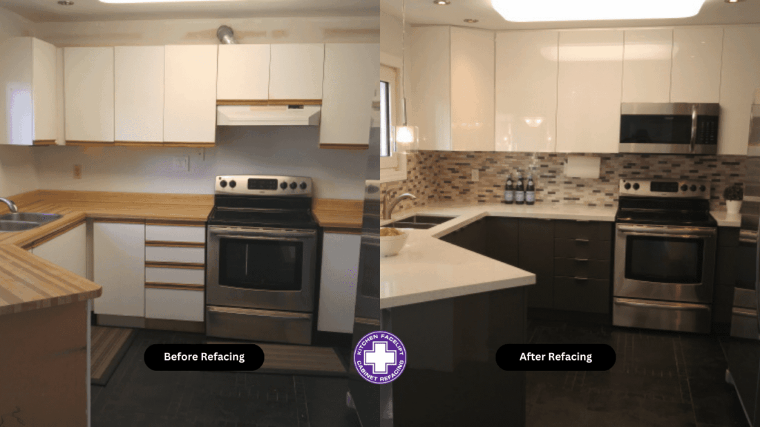 Kitchen Reno 1 before and after picture of a refacing project