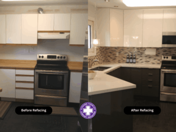 Kitchen Reno 1 before and after picture of a refacing project