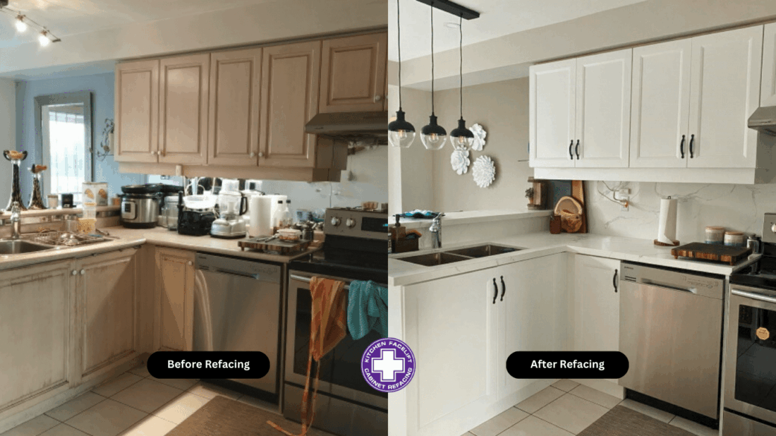 3 before and after of a kitchen refacing renovation project
