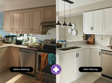 before and after of a kitchen refacing renovation project